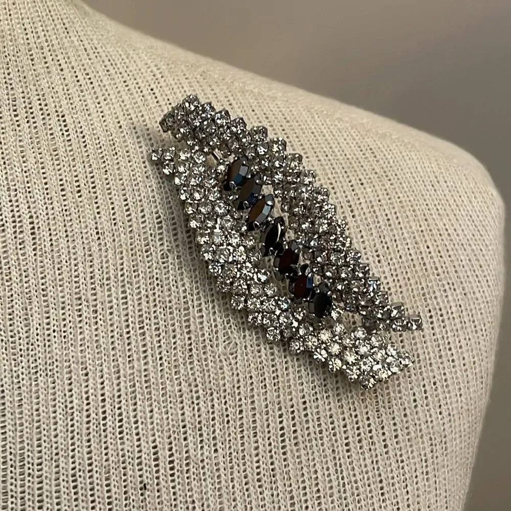 Vintage Rhinestone Clear & Gunmetal Rhinestone Brooch